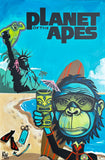 A colorful illustrated painting reading 'PLANET OF THE APES' over a beach scene with a blue sky, a gorilla in a wetsuit holding a tiki drink, a statue-like figure in the background, and diving gear on the sand.